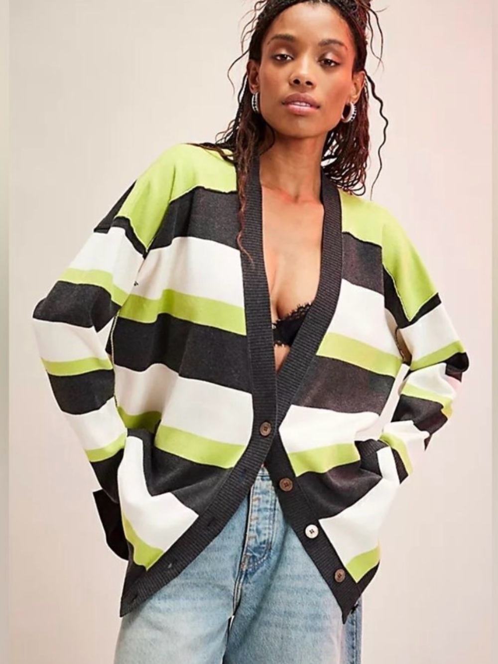 NWOT Free People A League of Her Own Striped Cardigan Carbon
Lime Combo - small